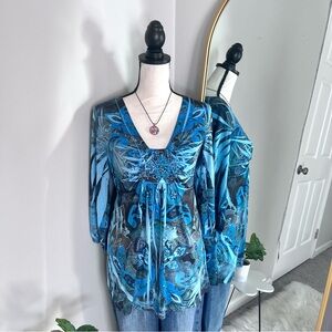 One World blue long sleeve abstract blouse with rhinestone detail